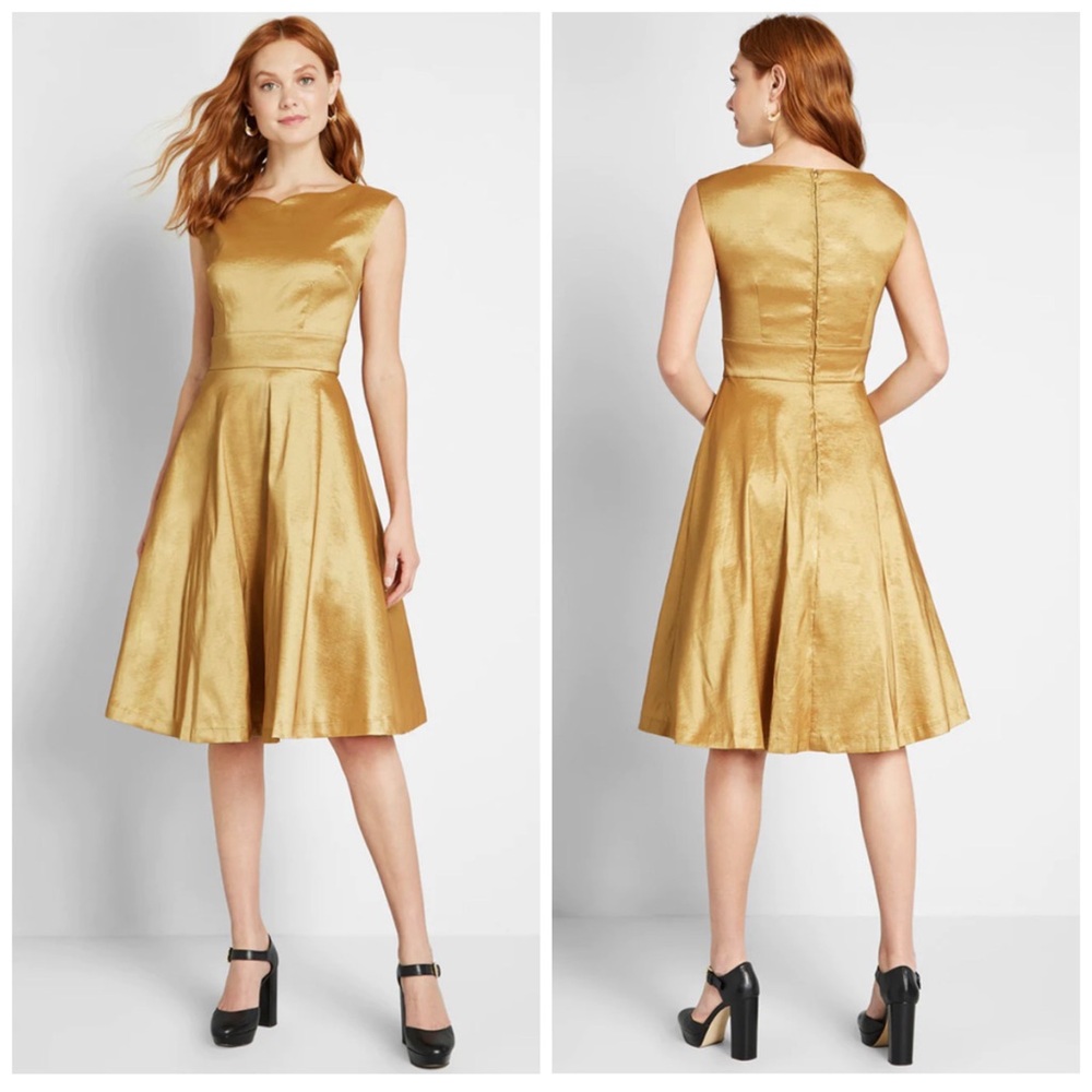 MODCLOTH Women’s Size 8 Gold Fantastic Satin‎ Sleeveless Fit & Flare Midi Dress